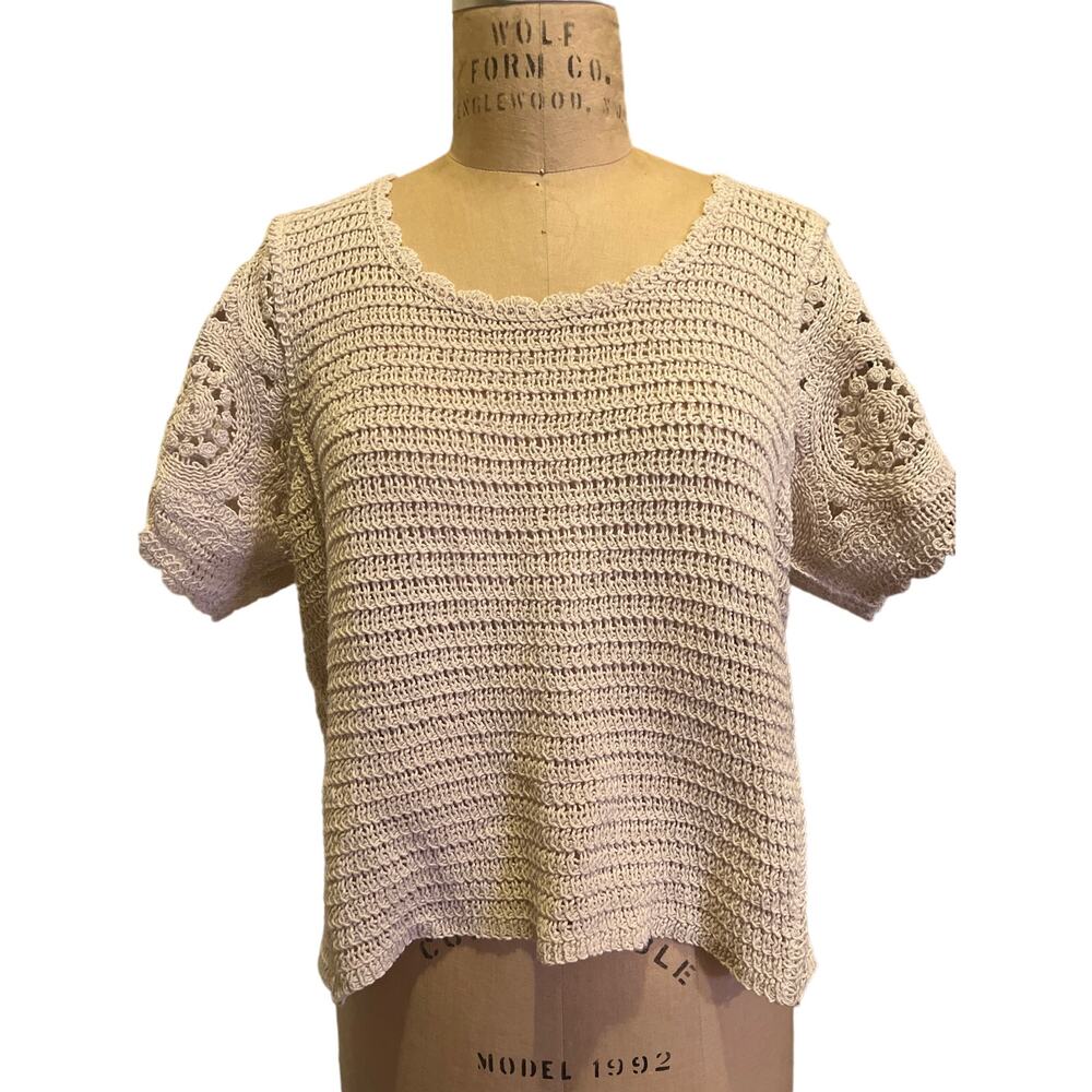 Solitaire Boho Festival Crème Crochet Short Sleeve Pullover Top Size XL